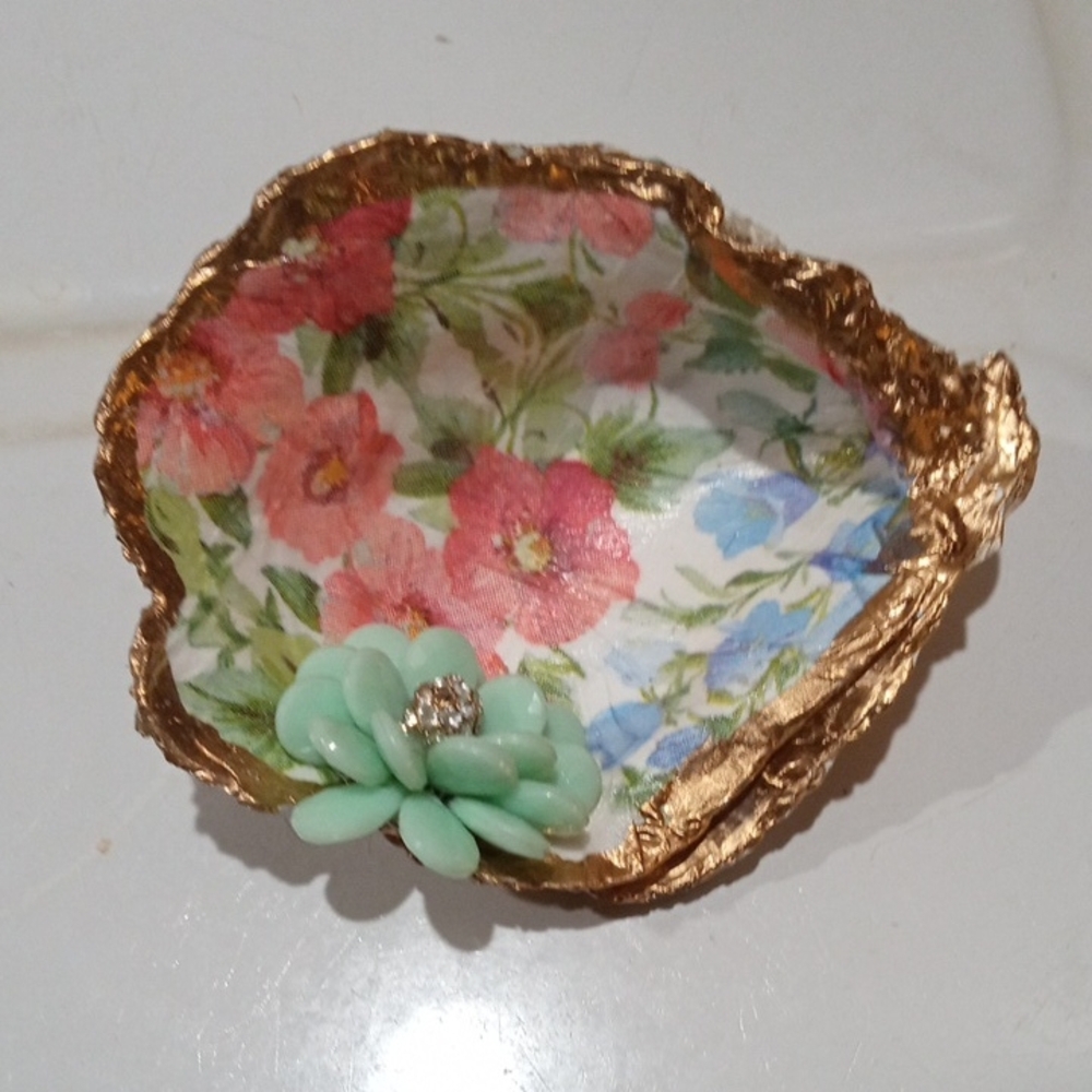 Floral Decoupage Trinket Dish with Mint Flower Accent